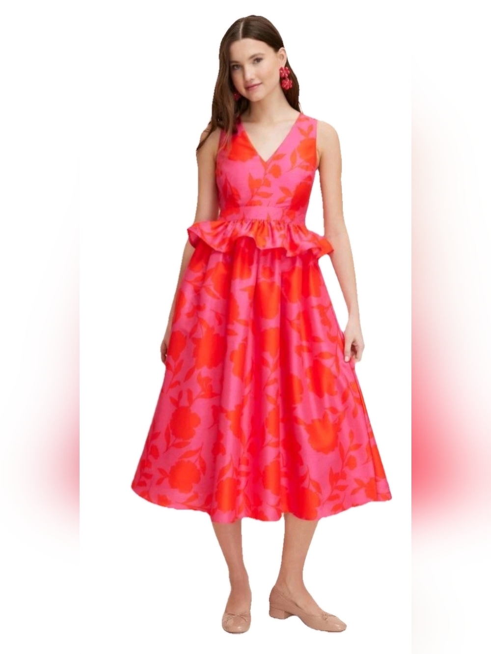 kate spade Pink and Red Floral Peplum V-Neck Party Dress